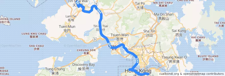 Mapa del recorrido 過海隧巴969線 Cross-harbour Bus 969 (天水圍市中心 Tin Shui Wai Town Centre → 銅鑼灣 Causeway Bay (不經美湖居 omit Maywood Court)) de la línea  en Nouveaux Territoires.
