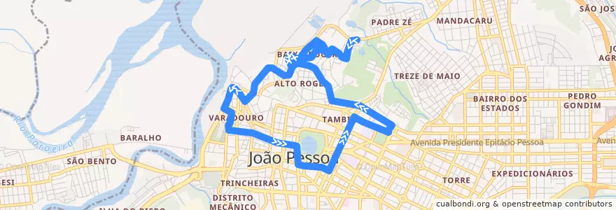 Mapa del recorrido 002 - Roger/Term. Int. Varadouro de la línea  en João Pessoa.