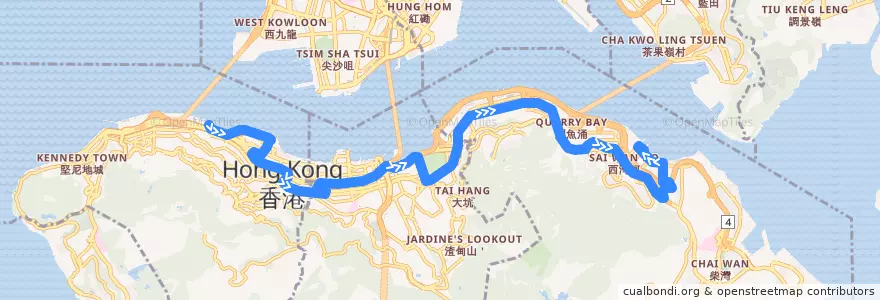Mapa del recorrido Bus 2 (Central (Macau Ferry) → Grand Promenade) de la línea  en Hong Kong Island.