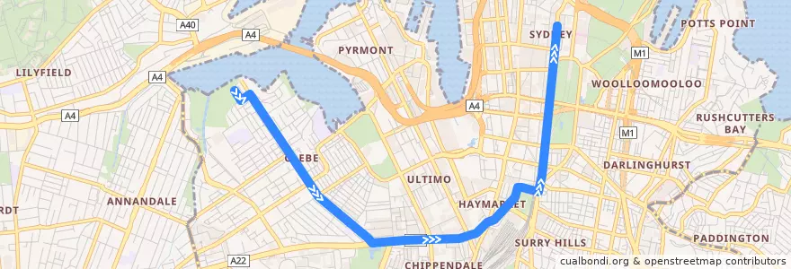 Mapa del recorrido Bus 431: Glebe Point => City Martin Place de la línea  en Council of the City of Sydney.
