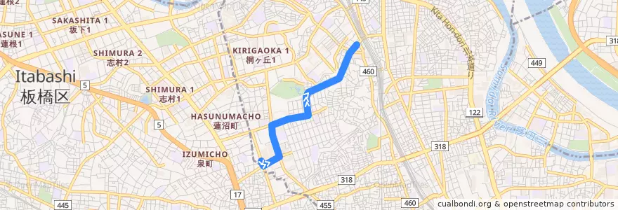 Mapa del recorrido 赤80 de la línea  en 北区.