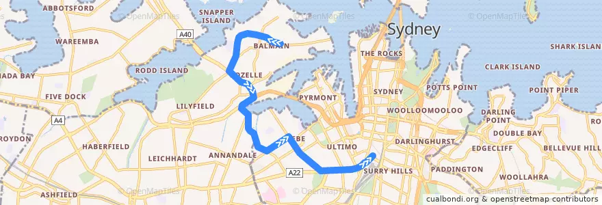 Mapa del recorrido Bus 433: Balmain Gladstone Park => Central Pitt St de la línea  en Sydney.