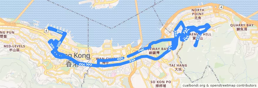 Mapa del recorrido Bus 25 (Central (Pier 5) ↺ Braemar Hill) de la línea  en Hong Kong Adası.