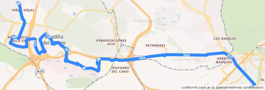 Mapa del recorrido Bus 574: Boadilla del Monte → Ciudad Financiera → Madrid (Aluche ) de la línea  en Área metropolitana de Madrid y Corredor del Henares.