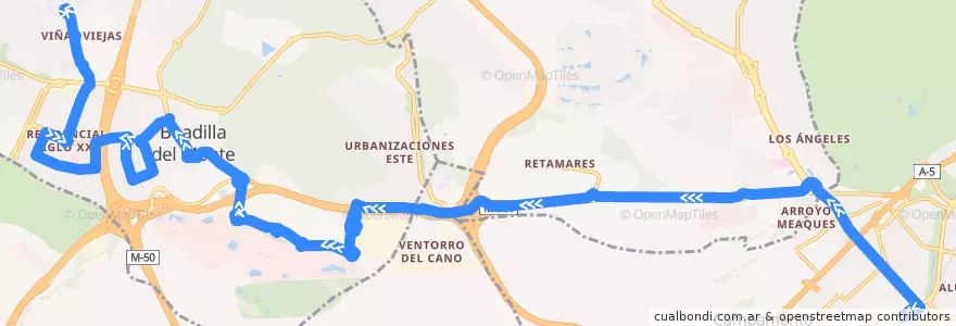 Mapa del recorrido Bus 574: Madrid (Aluche) → Ciudad Financiera → Boadilla del Monte de la línea  en Área metropolitana de Madrid y Corredor del Henares.
