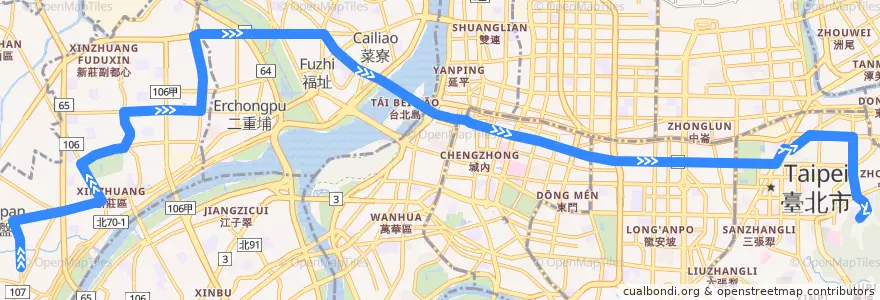 Mapa del recorrido 臺北市 299 輔大-永春高中 (往程) de la línea  en تايبيه الجديدة.