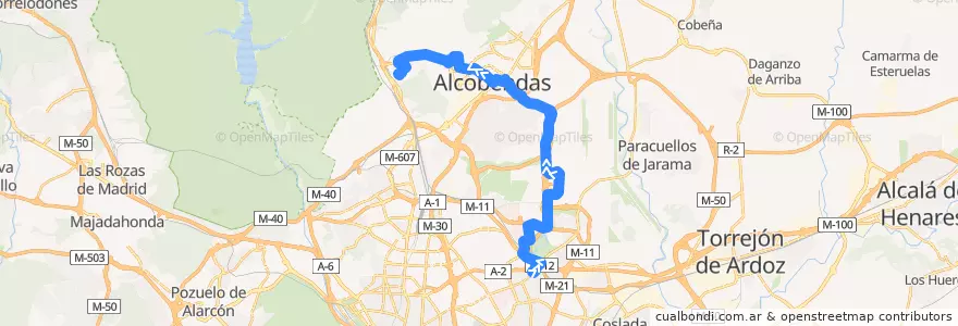 Mapa del recorrido Bus 828: Madrid (Canillejas) → Alcobendas → Universidad Autónoma de la línea  en Área metropolitana de Madrid y Corredor del Henares.