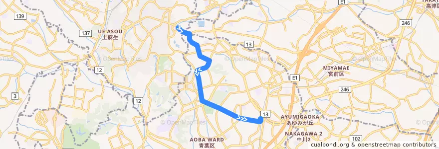 Mapa del recorrido あざみ野線 de la línea  en Aoba Ward.
