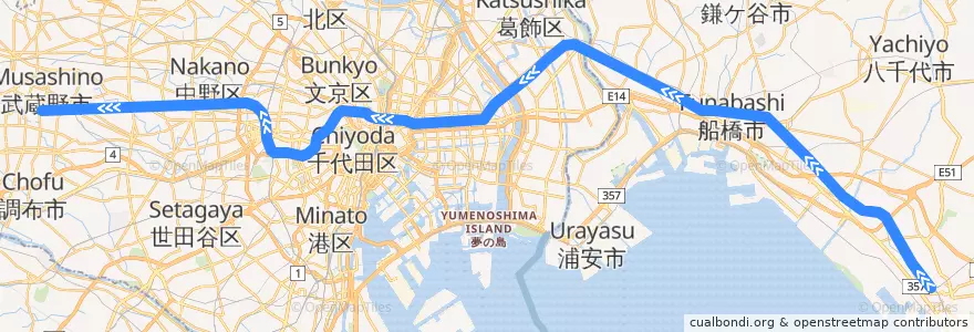Mapa del recorrido 中央・総武緩行線 de la línea  en 日本.