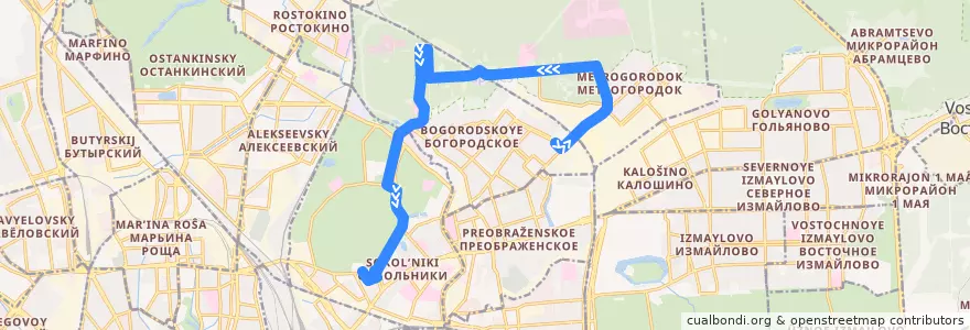 Mapa del recorrido Автобус №75: метро "Улица Подбельского" - дворец спорта "Сокольники" de la línea  en Östlicher Verwaltungsbezirk.