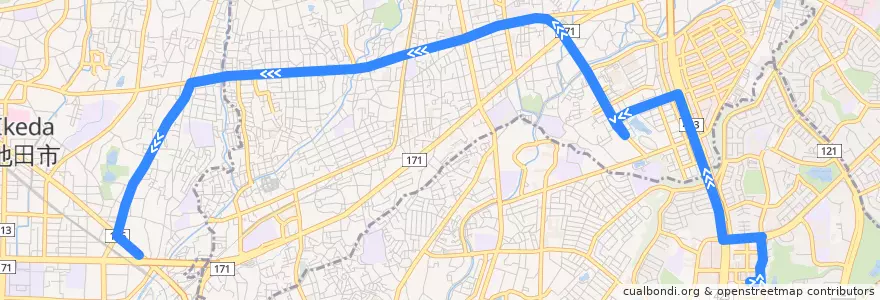 Mapa del recorrido 82: 千里中央→井口堂 de la línea  en Prefectura de Osaka.