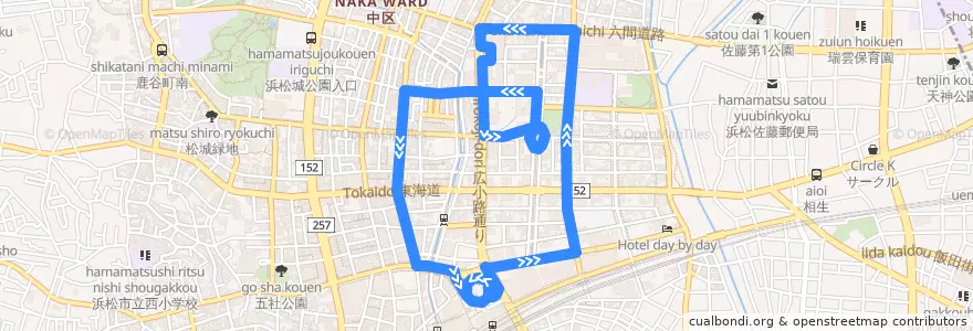 Mapa del recorrido バス: 東ループ: 浜松駅 => 遠州病院 => 浜松駅 de la línea  en 中区.
