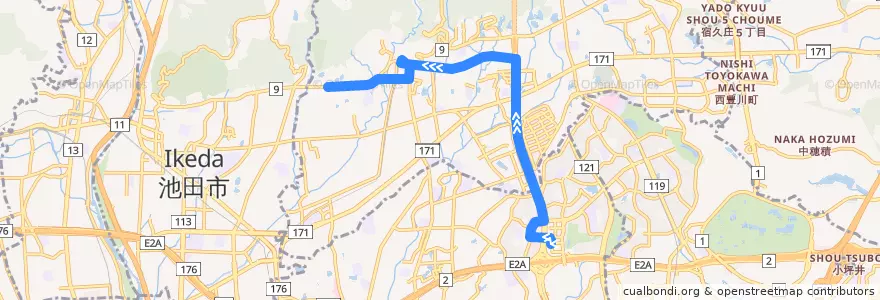 Mapa del recorrido 20: 千里中央～箕面→新稲 de la línea  en 大阪府.
