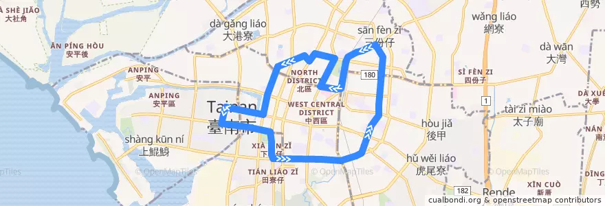 Mapa del recorrido 0左路(正線) de la línea  en 타이난 시.
