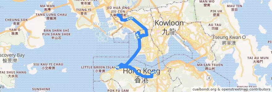 Mapa del recorrido 過海隧巴905線 Cross-harbour Bus 905 (灣仔北 Wan Chai North → 荔枝角 Lai Chi Kok) de la línea  en Novos Territórios.
