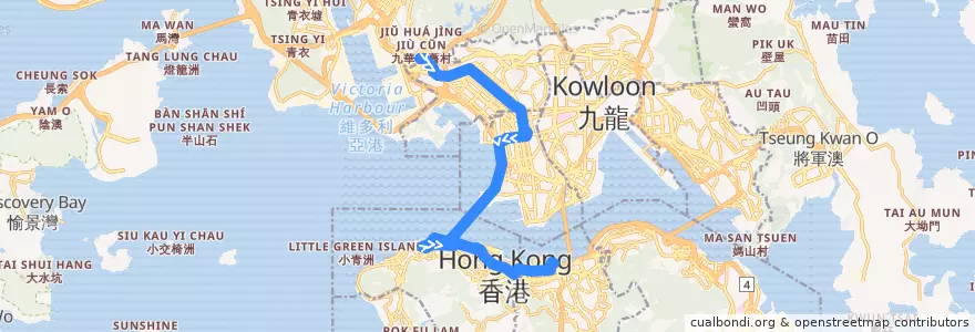 Mapa del recorrido 過海隧巴905線 Cross-harbour Bus 905 (荔枝角 Lai Chi Kok → 灣仔北 Wan Chai North) de la línea  en Nuevos Territorios.