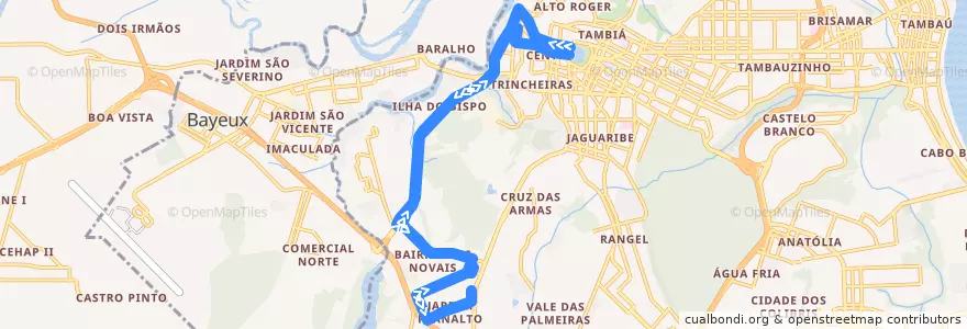 Mapa del recorrido 110 - Jardim Planalto/Acesso Oeste/Term. Int. Varadouro de la línea  en جواو بيسوا.