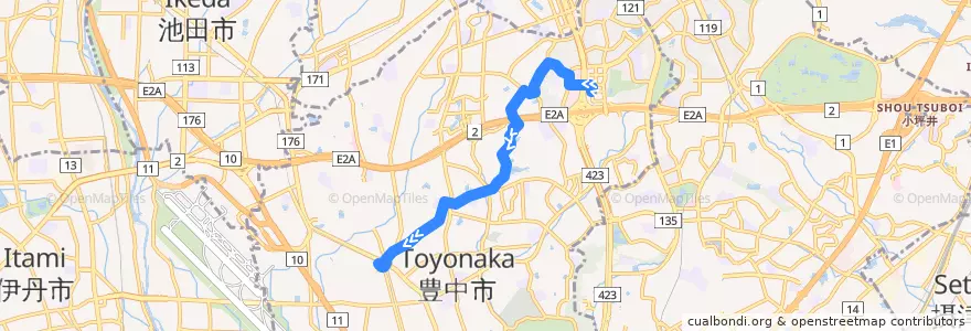 Mapa del recorrido 45: 千里中央→豊中 de la línea  en 豊中市.