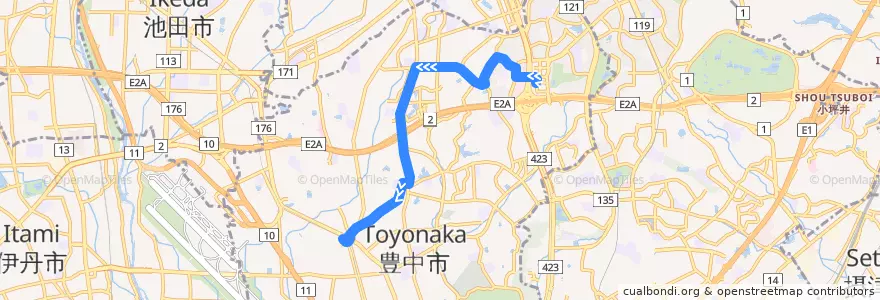 Mapa del recorrido 47: 千里中央→豊中 de la línea  en 豊中市.