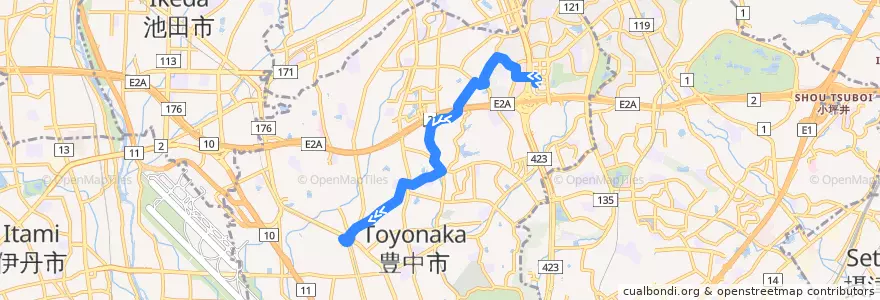 Mapa del recorrido 49: 千里中央→豊中 de la línea  en 豊中市.