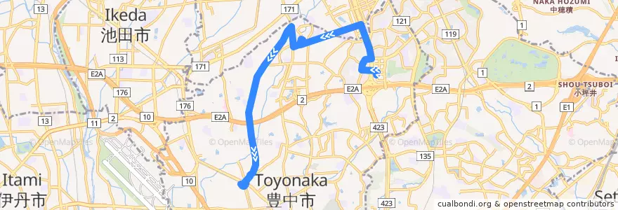 Mapa del recorrido 40: 千里中央→豊中 de la línea  en 豊中市.