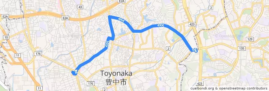Mapa del recorrido 35: 桃山台駅前→豊中 de la línea  en 豊中市.