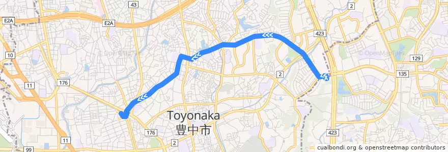 Mapa del recorrido 30: 桃山台駅前→豊中 de la línea  en 豊中市.