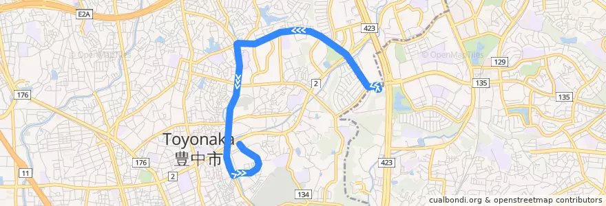 Mapa del recorrido 39: 桃山台駅前→旭ヶ丘北口 de la línea  en Toyonaka.