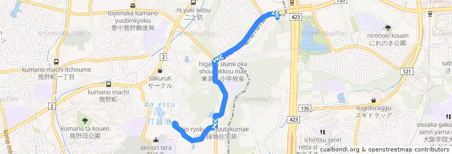 Mapa del recorrido 55: 桃山台駅前→緑地公園グリーンハイツ前 de la línea  en 豊中市.