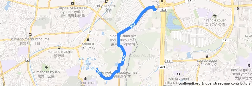 Mapa del recorrido 55: 緑地公園グリーンハイツ前→桃山台駅前 de la línea  en 豊中市.