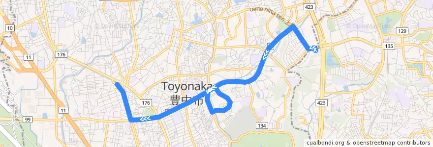 Mapa del recorrido 20: 桃山台駅前→豊中 de la línea  en 豊中市.