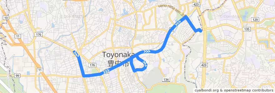 Mapa del recorrido 20: 豊中→桃山台駅前 de la línea  en 豊中市.
