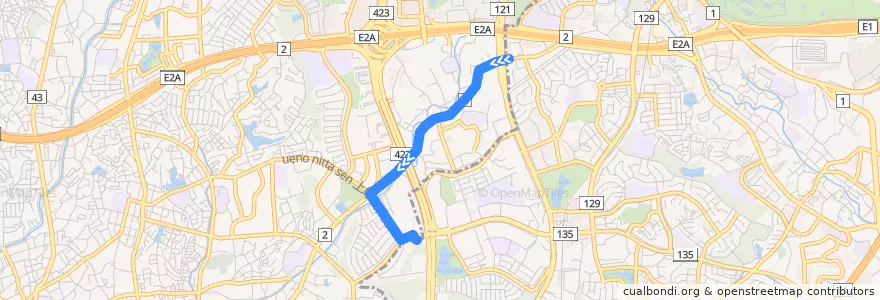 Mapa del recorrido 21,22,23,28,32,33: 津雲台七丁目→桃山台駅前 de la línea  en 豊中市.