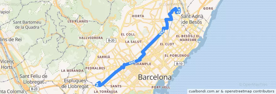 Mapa del recorrido H8 Bon Pastor => Camp Nou de la línea  en Barcelona.