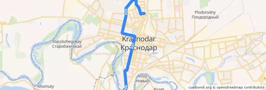 Mapa del recorrido Троллейбус №10: автовокзал "Южный" - кинотеатр "Аврора" de la línea  en Krasnodar Municipality.