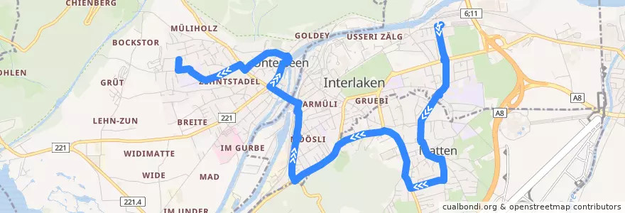 Mapa del recorrido Bus 104: Interlaken Ost => Stadtfeld (Sonntag) de la línea  en Verwaltungskreis Interlaken-Oberhasli.