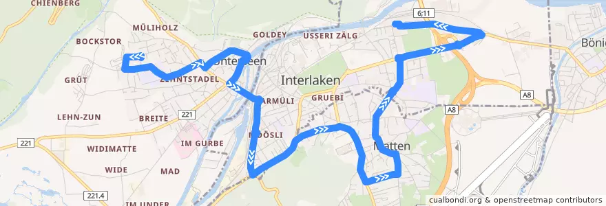 Mapa del recorrido Bus 104: Stadtfeld => Interlaken Ost de la línea  en Verwaltungskreis Interlaken-Oberhasli.