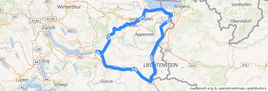 Mapa del recorrido S4: Uznach => Sargans => St. Gallen => Uznach de la línea  en ザンクト・ガレン州.