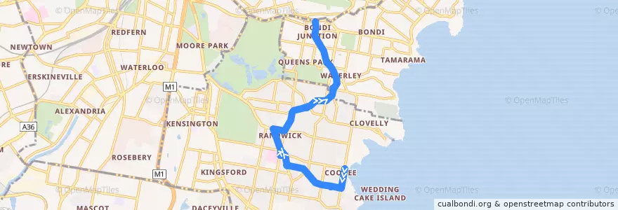 Mapa del recorrido Coogee - Bondi Junction via Randwick Junction de la línea  en Sydney.