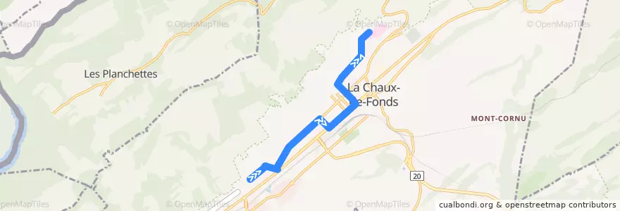 Mapa del recorrido Bus 304: Eplatures - Gare - Hôpital de la línea  en La Chaux-de-Fonds.