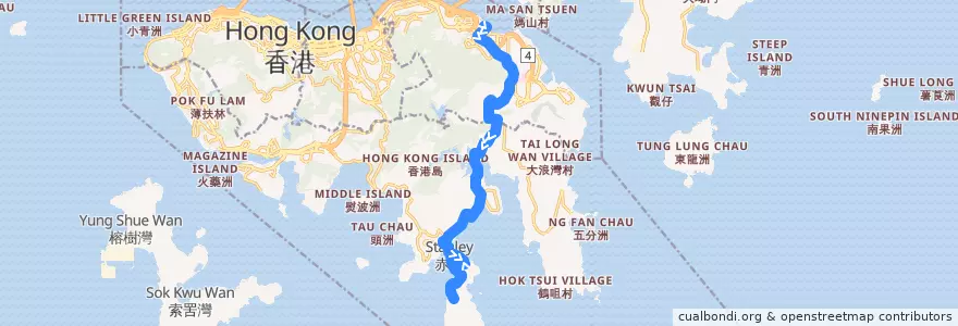 Mapa del recorrido 新巴14線 NWFB 14 (嘉亨灣 Grand Promenade → 赤柱炮台 Stanley Fort (經監獄 via Prison)) de la línea  en Isla de Hong Kong.