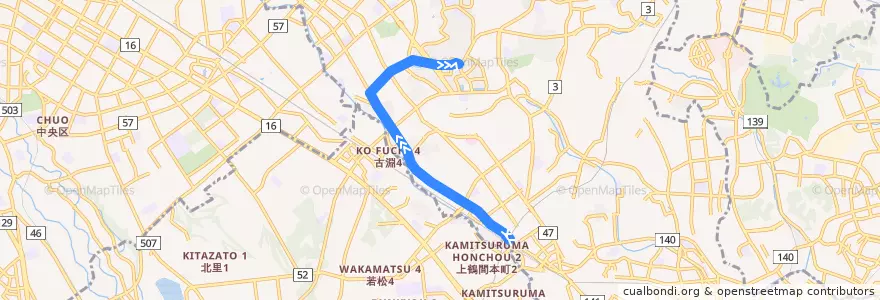 Mapa del recorrido 町13 de la línea  en 町田市.