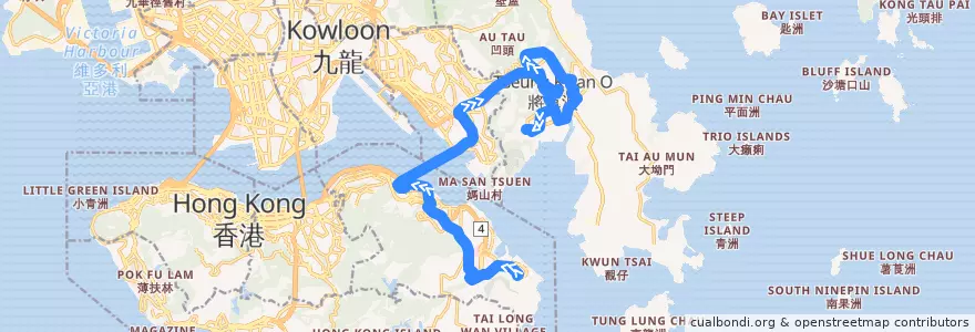 Mapa del recorrido Bus 694 (Siu Sai Wan Estate → Tiu Keng Leng Station) de la línea  en 신제.