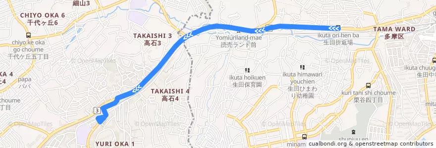 Mapa del recorrido 百合ヶ丘駅⇔生田折返場 de la línea  en 川崎市.