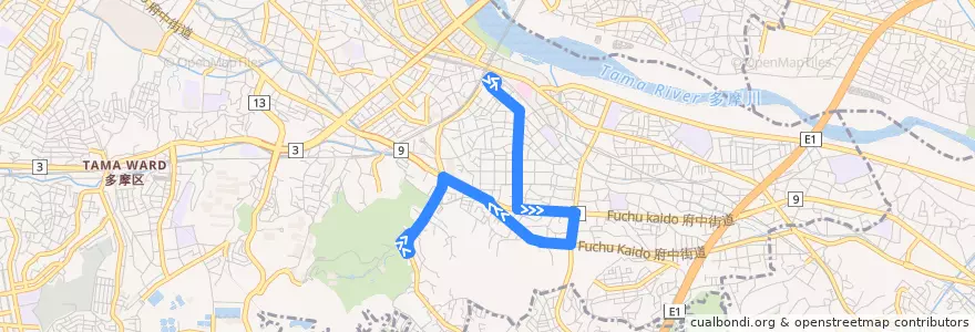 Mapa del recorrido 藤子・F・不二雄ミュージアム線 de la línea  en Tama Ward.
