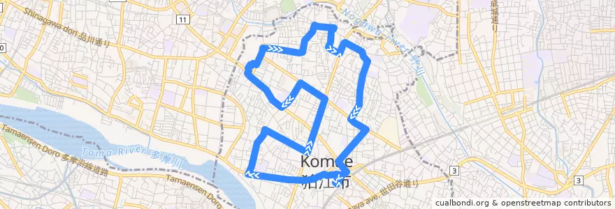 Mapa del recorrido こまバス de la línea  en 狛江市.