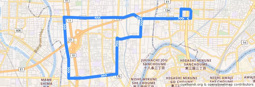 Mapa del recorrido 22: 江坂駅前→日出町→上津島→江坂駅前 de la línea  en Осака.