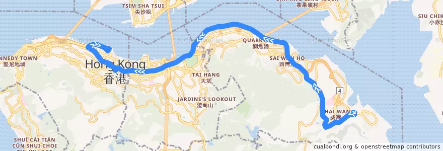 Mapa del recorrido 城巴780線 Citybus 780 (柴灣（東） Chai Wan (East) → 中環碼頭 Central (Ferry Piers)) de la línea  en جزيرة هونغ كونغ.