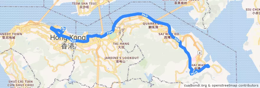 Mapa del recorrido 城巴780線 Citybus 780 (中環碼頭 Central (Ferry Piers) → 柴灣（東） Chai Wan (East)) de la línea  en Hong Kong Island.