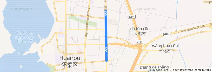 Mapa del recorrido Bus H07: 于家园 => 耿辛庄 de la línea  en 怀柔区 / Huairou.